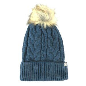 Cirque Beanie Hat Cable Knit Faux Fur Pom Cuffed Fleece Lined Navy Blue One Size